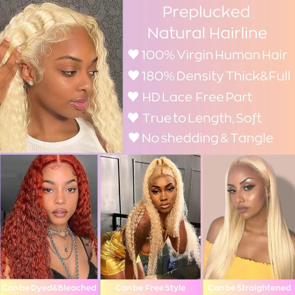 100% Blonde Pre Plucked 40 Inch Curly Lace Front Human Hair Wig