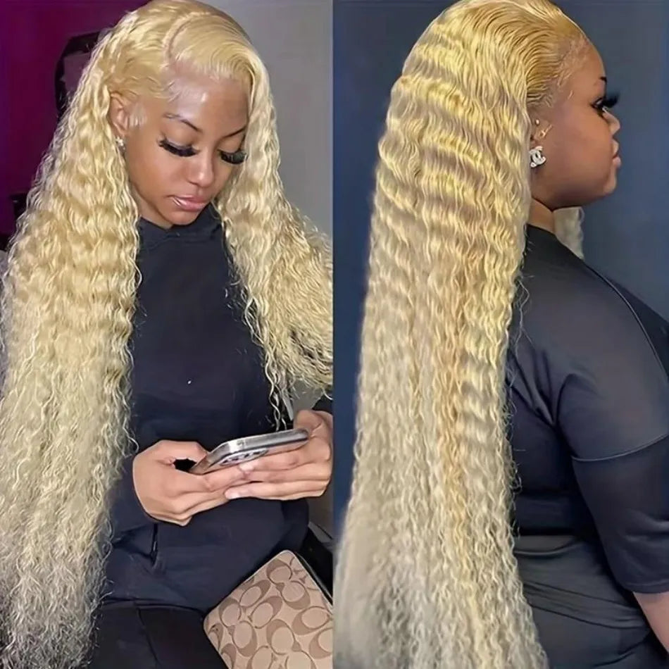 100% Blonde Pre Plucked 40 Inch Curly Lace Front Human Hair Wig