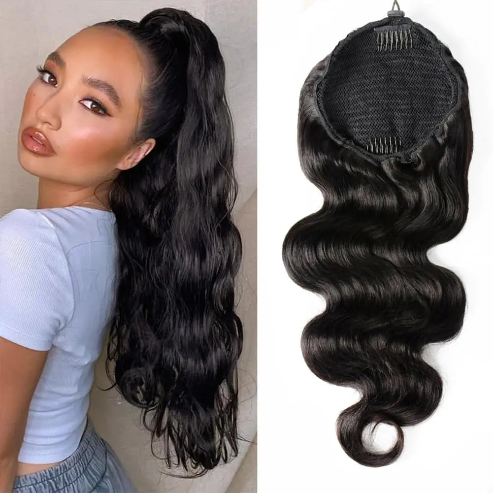 Model using 100% Human Hair Drawstring Ponytail Extension