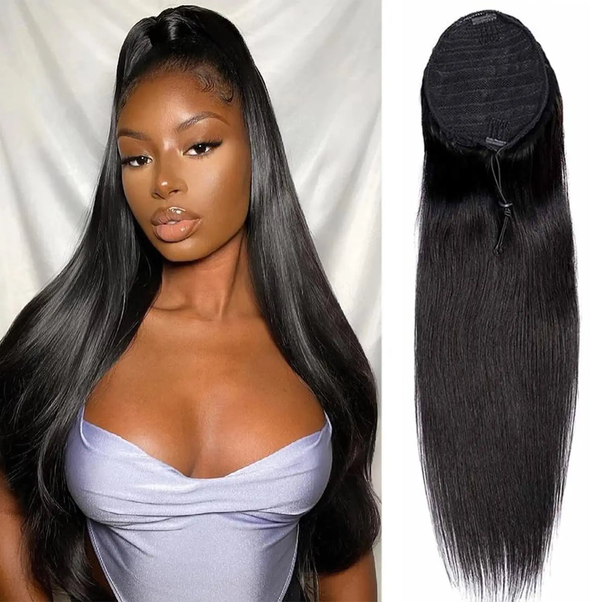 Model using straight 100% Human Hair Drawstring Ponytail Extension