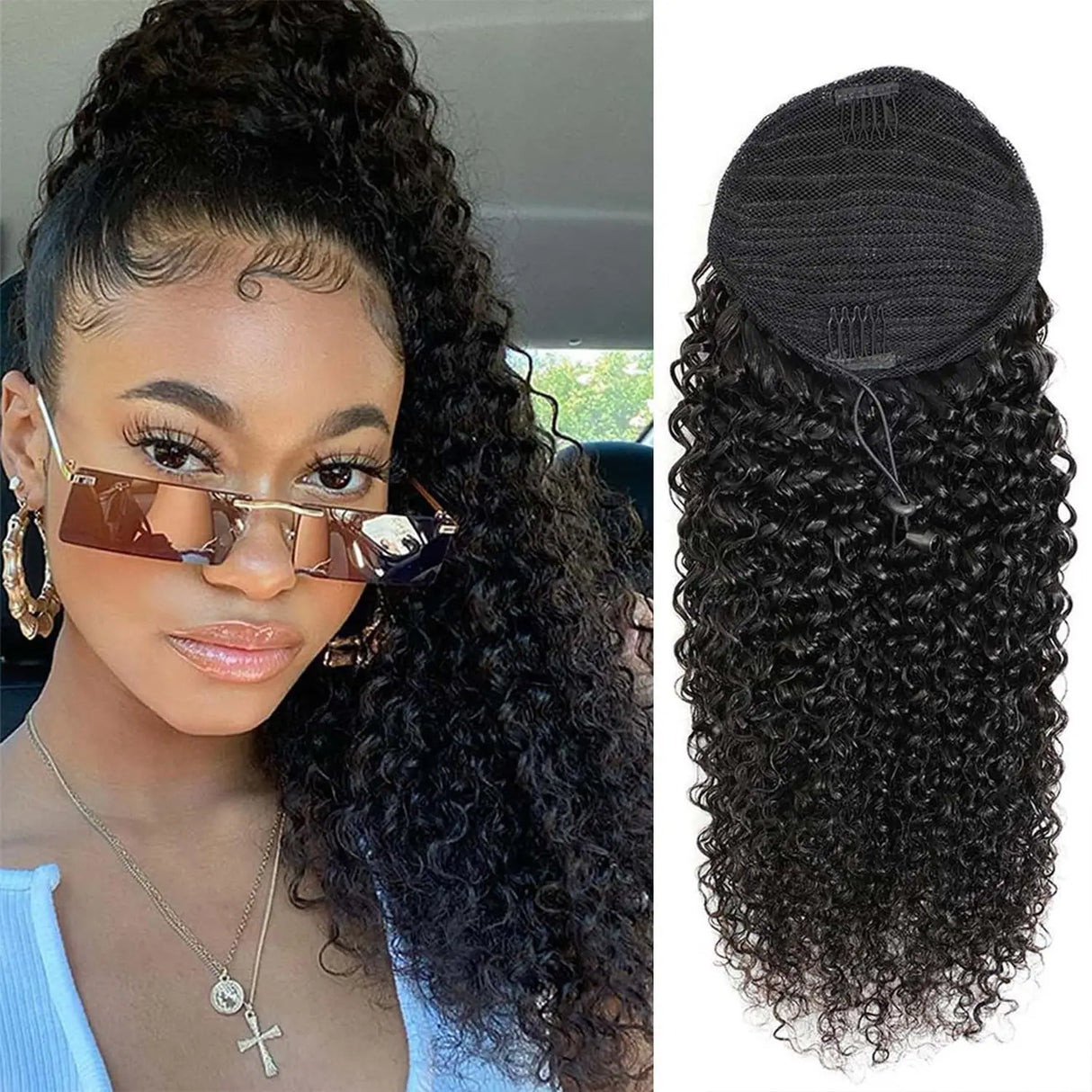 Model using curly 100% Human Hair Drawstring Ponytail Extension