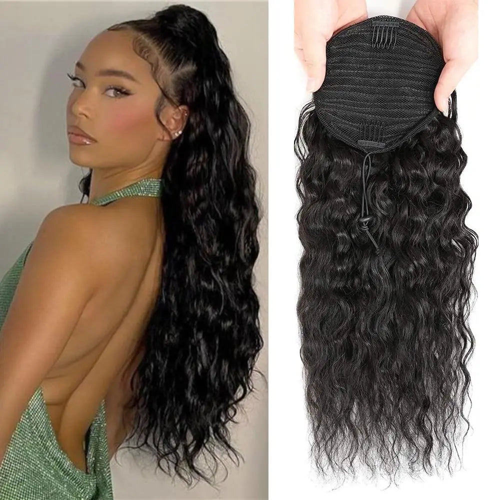 Model using wavy 100% Human Hair Drawstring Ponytail Extension