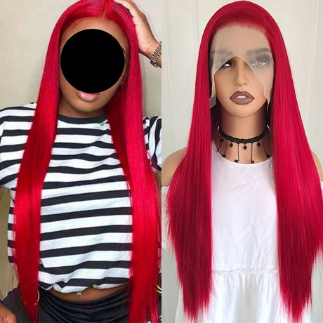 13X4 Burgundy Red Long Straight Synthetic Wig