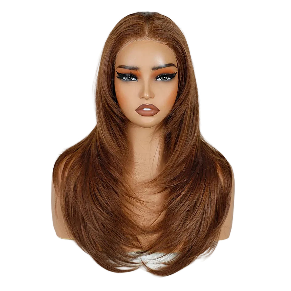 Brown 13x3 Lace Wig Pre Plucked Layered Straight Synthetic Lace Front Wigs