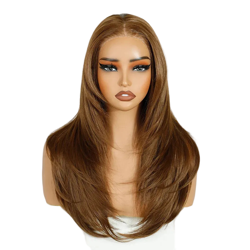 Brown 13x3 Lace Wig Pre Plucked Layered Straight Synthetic Lace Front Wigs