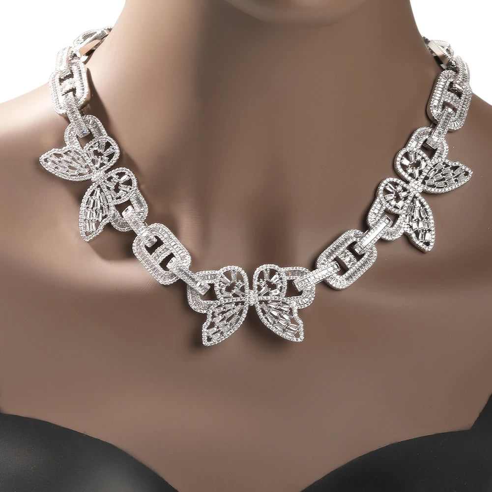 Model Using 16MM Iced Out Cuban Butterflies Necklace Jewelry
