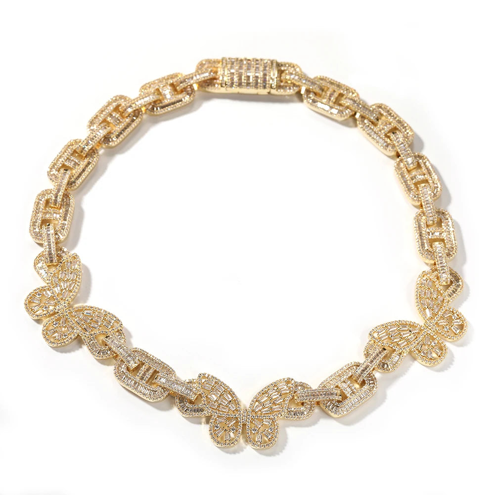 Gold 16MM Iced Out Cuban Butterflies Necklace Jewelry