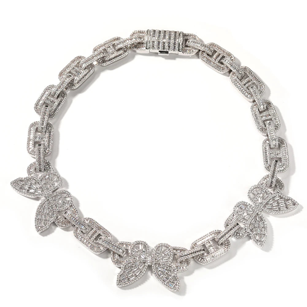 Silver 16MM Iced Out Cuban Butterflies Necklace Jewelry