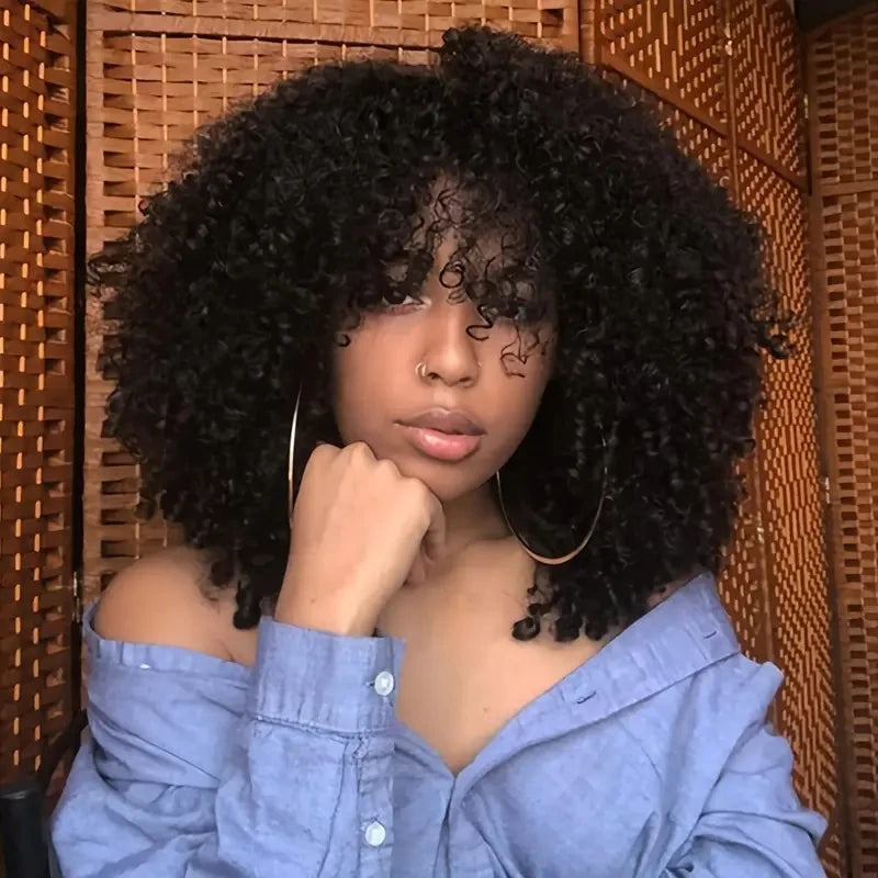 16 Inch Afro Kinky Curly With Bangs Hair Wigs black
