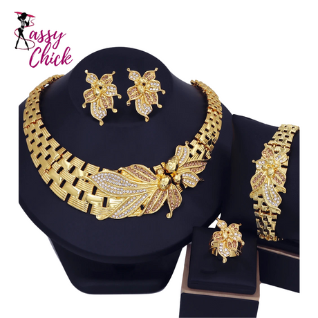 18K Gold Plated Zircon Big Flower Wedding Jewelry Set Sassy Chick Logo