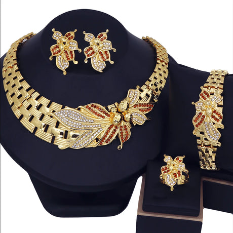 18K Gold Plated Zircon Big Flower Wedding Jewelry Set red