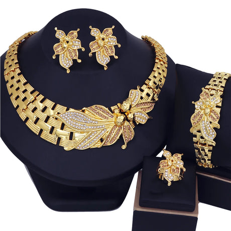 18K Gold Plated Zircon Big Flower Wedding Jewelry Set