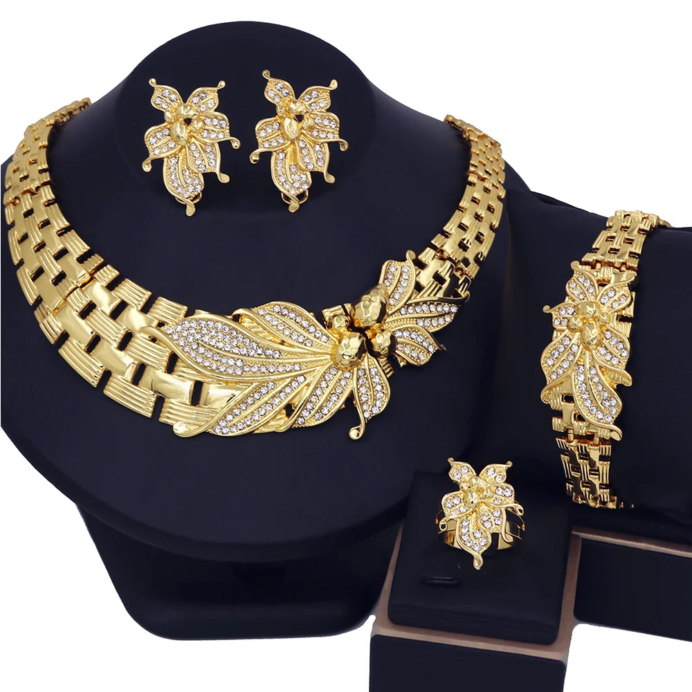 18K Gold Plated Zircon Big Flower Wedding Jewelry Set