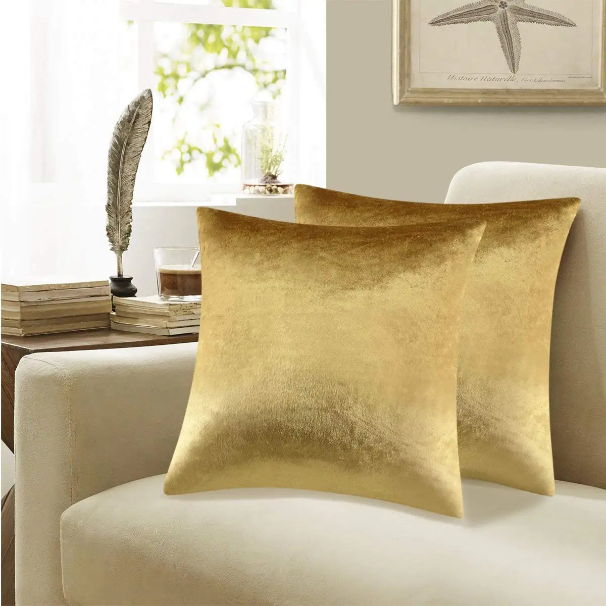 Set of 2 gold velvet 18x18 decorative throw pillow covers on couch