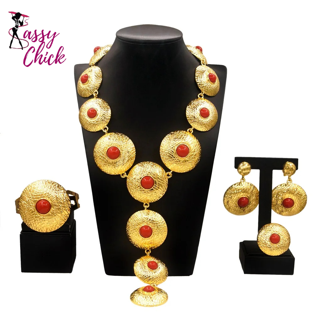 24K Plating Necklace Big Round Pendant Jewelry Set Sassy Chick Logo