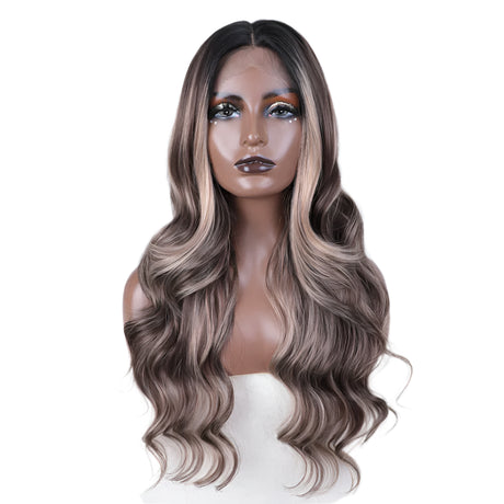26“ Highlight Honey Brown Body Wave Wig black/ ash grey