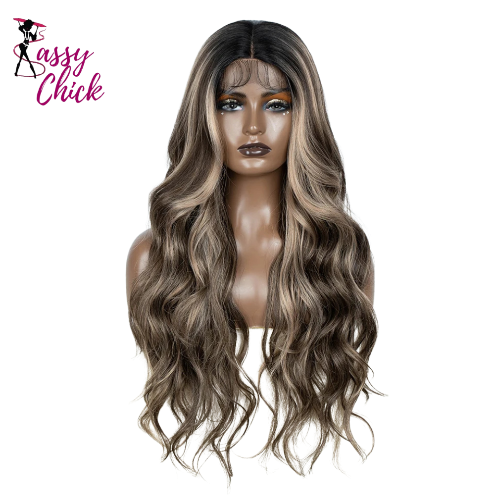 28 inch Brown Highlight Body Wavy Synthetic Lace Front Wigs Sassy Chick Logo