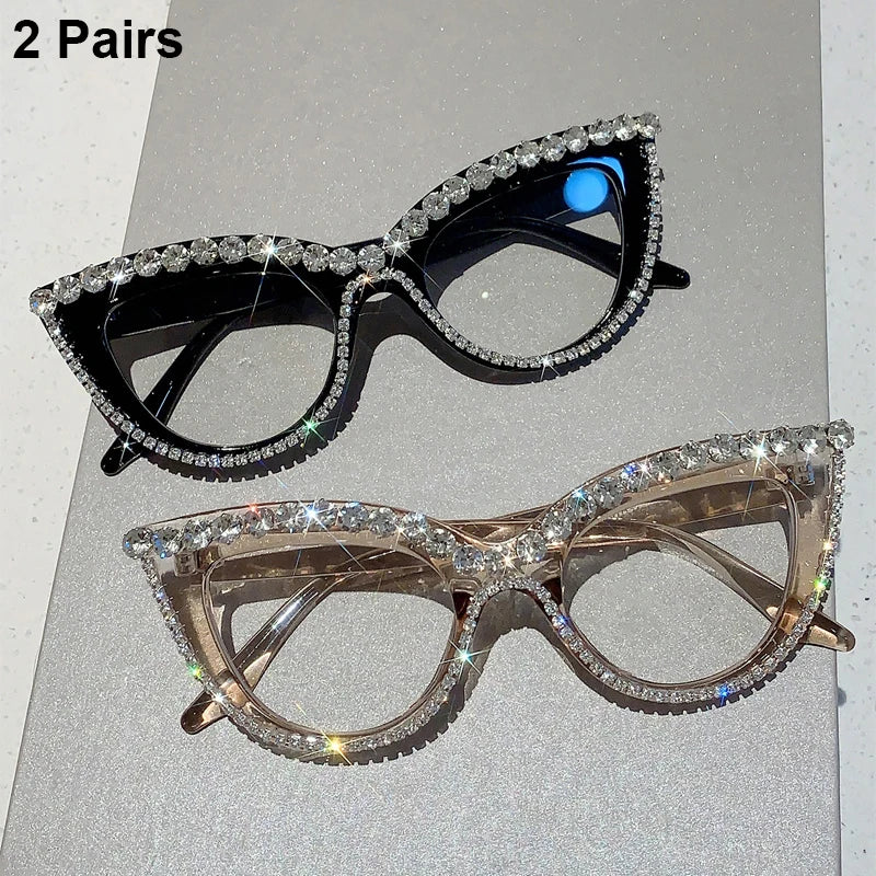 Black and Transparent brown 2 Pairs Stylish Rhinestones Women Cat Eye Glasses