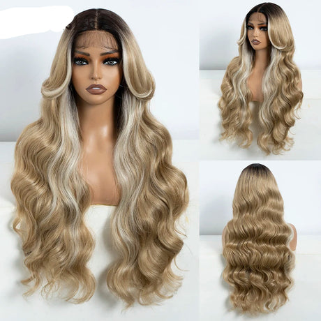 30" Long Body Wave Lace Wig black ash blonde