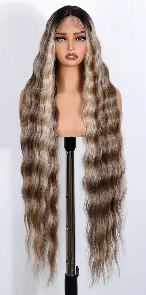 Light Brown 36 Inch Long Deep Body Wavy Synthetic Lace Front Wig