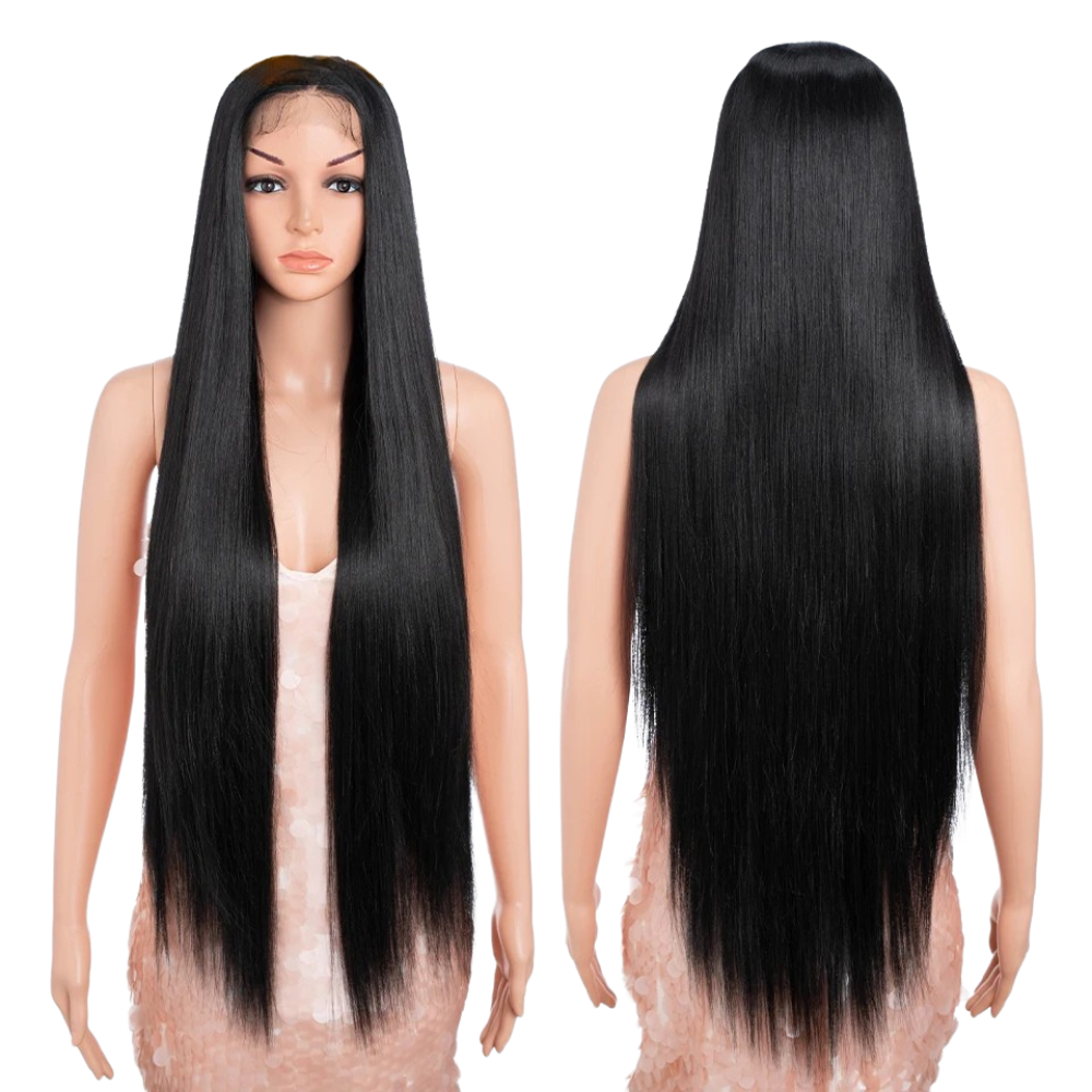 Black 36 inch Long Straight Synthetic Lace Front Wigs For Women