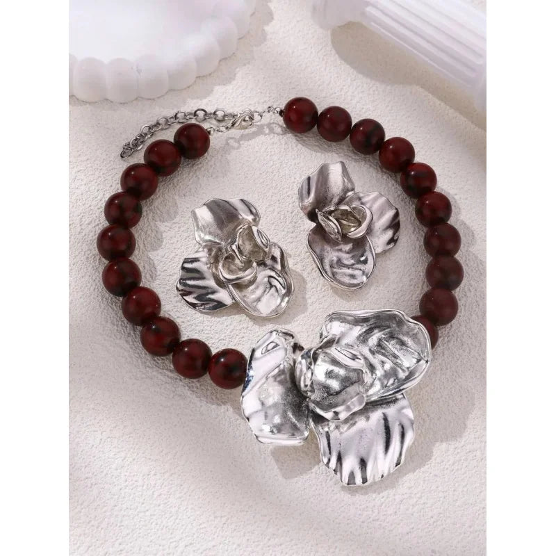 3D Floral Beaded Exaggerated Metallic Jewelry Set