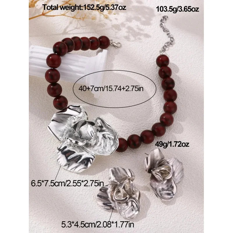 Size of 3D Floral Beaded Exaggerated Metallic Jewelry Set