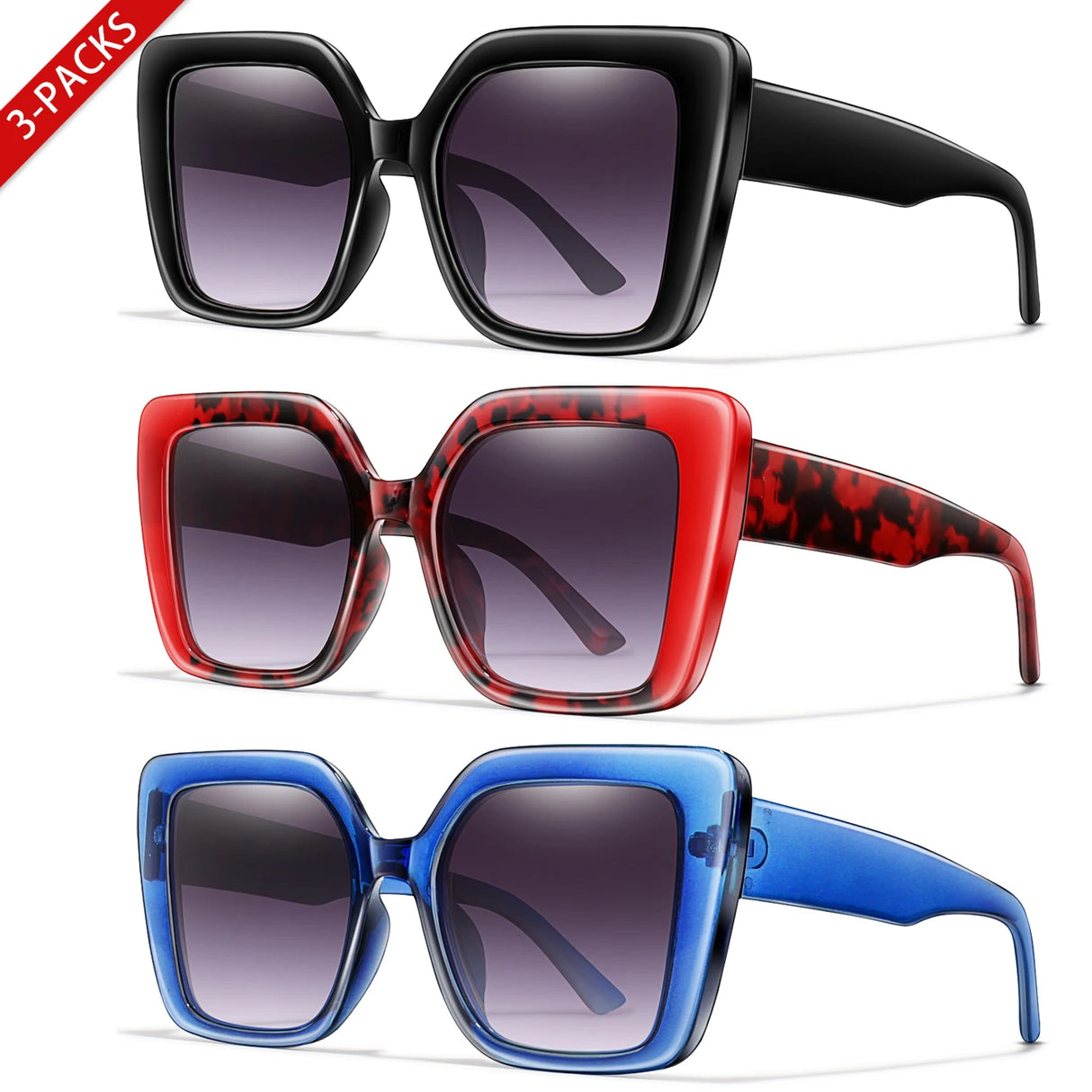3 Pairs Retro Square UV400 Oversized Brand Sunglasses