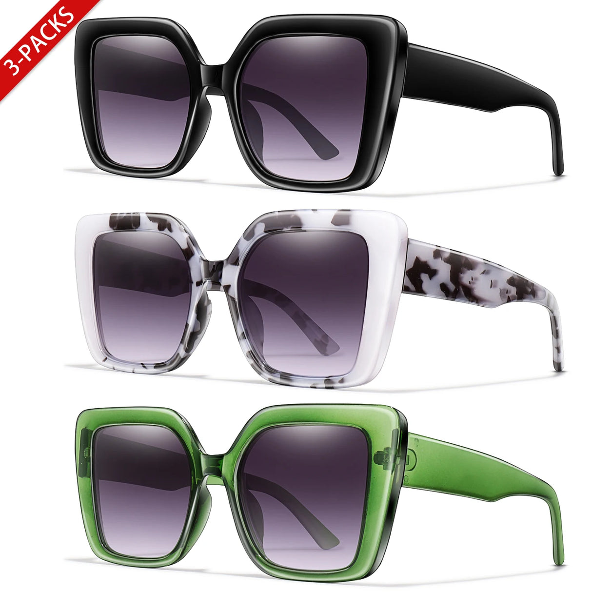 3 Pairs Retro Square UV400 Oversized Brand Sunglasses