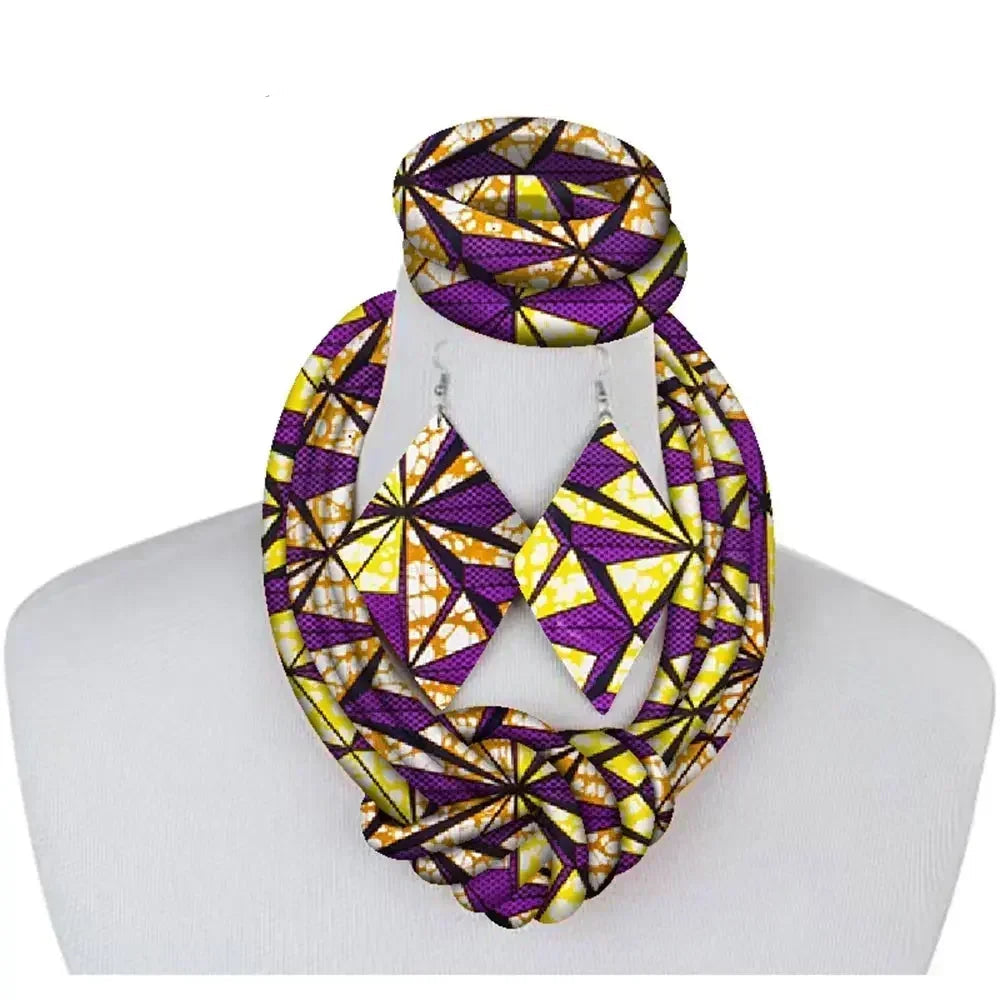 3 Pieces Necklace Print  Ankara purple yellow