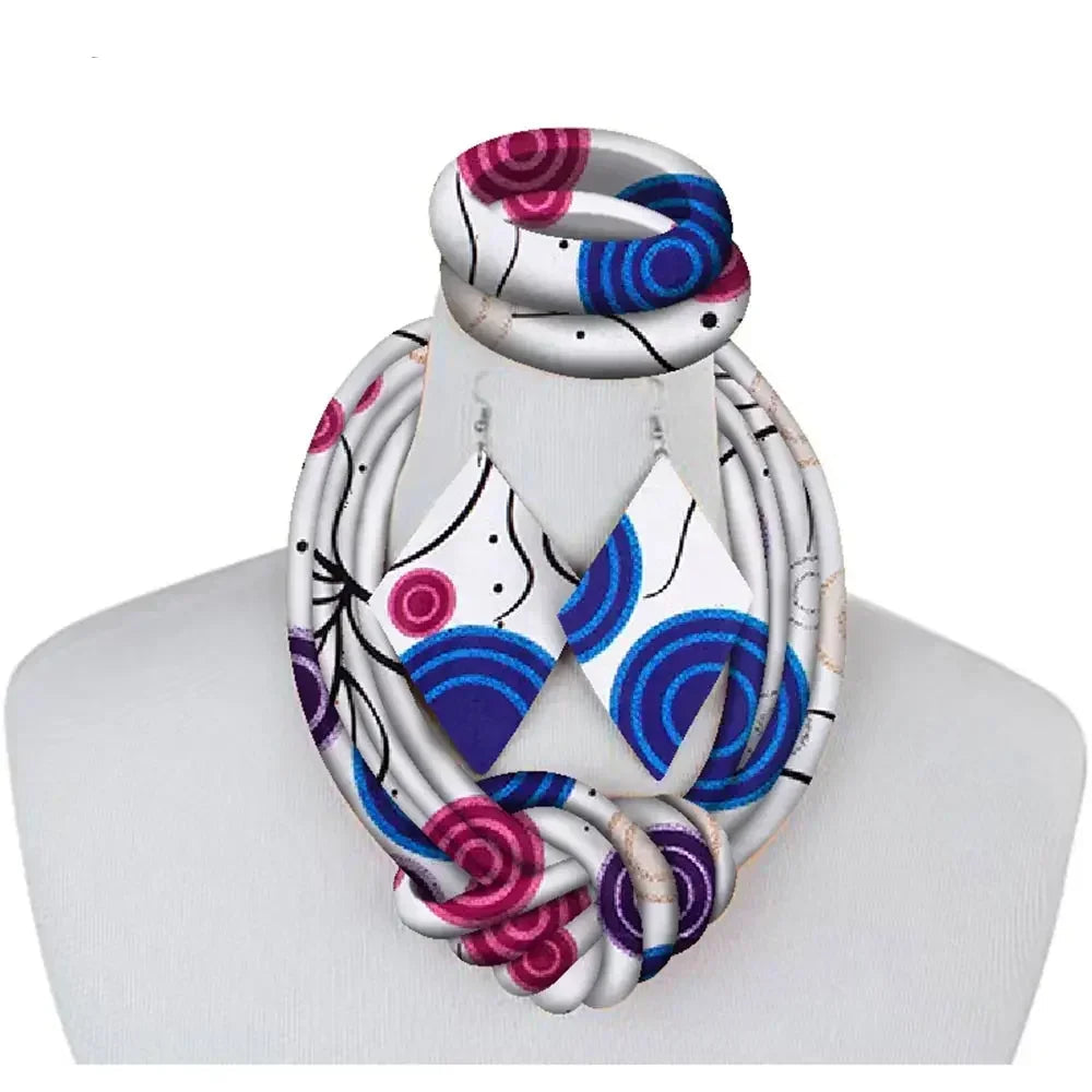 3 Pieces Necklace Print  Ankara white blue