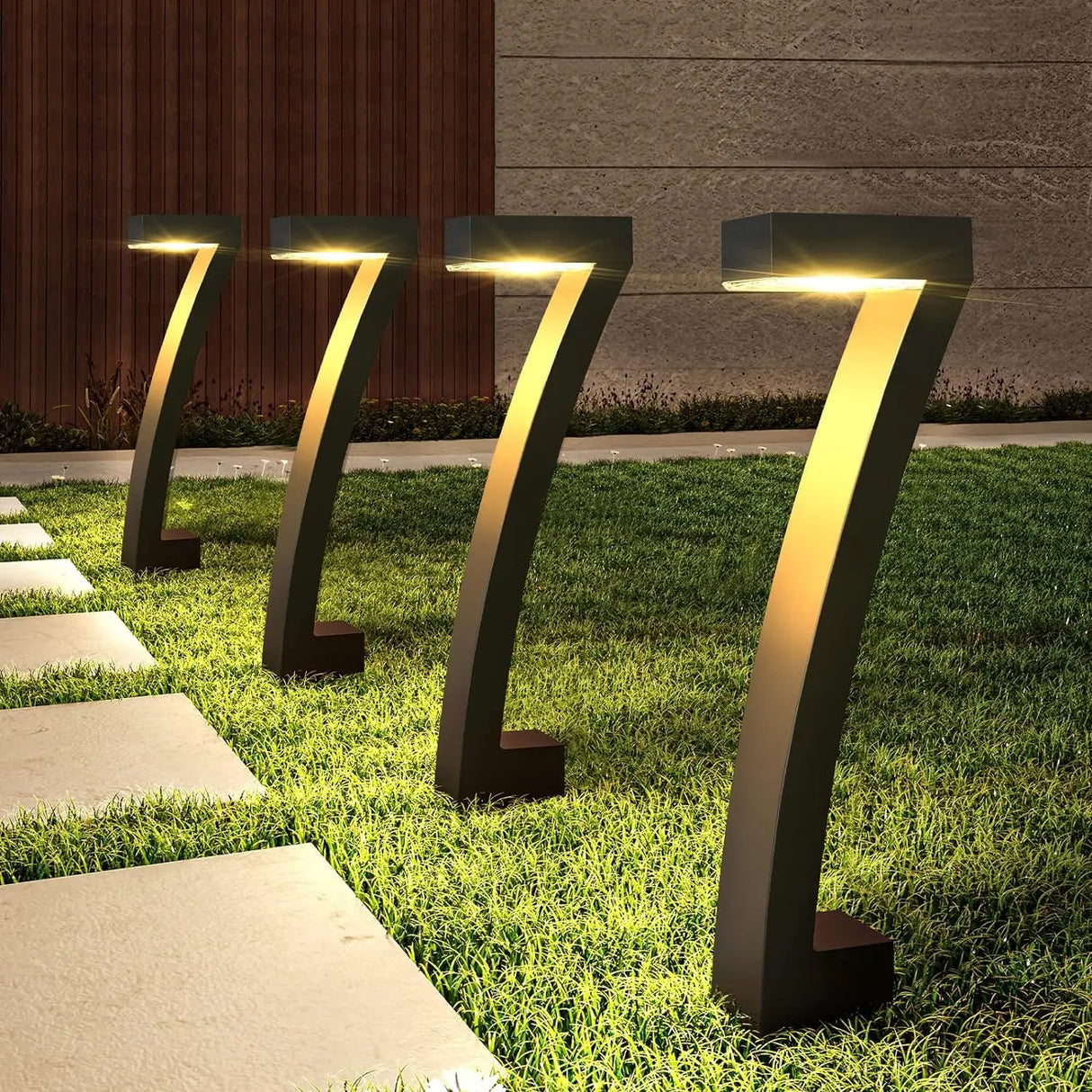 6 bright solar-powered LED pathway lights installed along a garden walkway