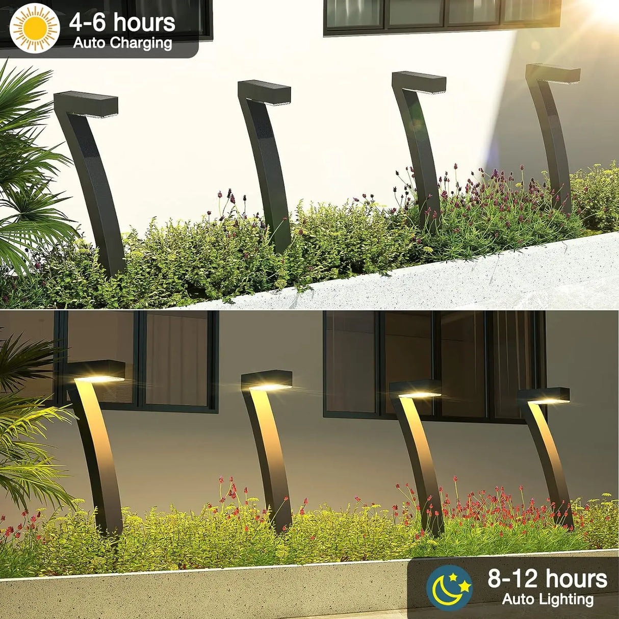 6 bright solar-powered LED pathway lights installed along a garden walkway