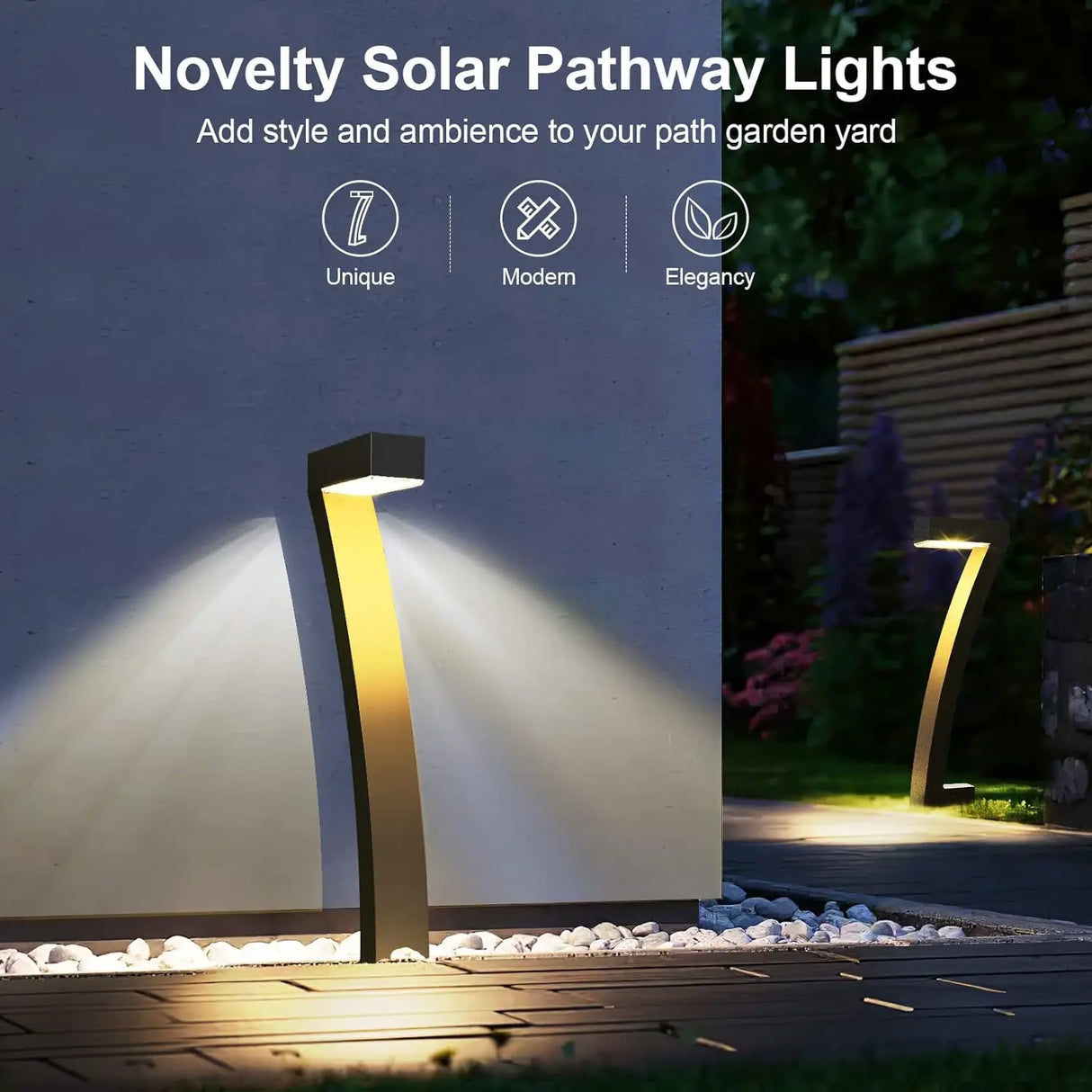6 bright solar-powered LED pathway lights installed along a garden walkway