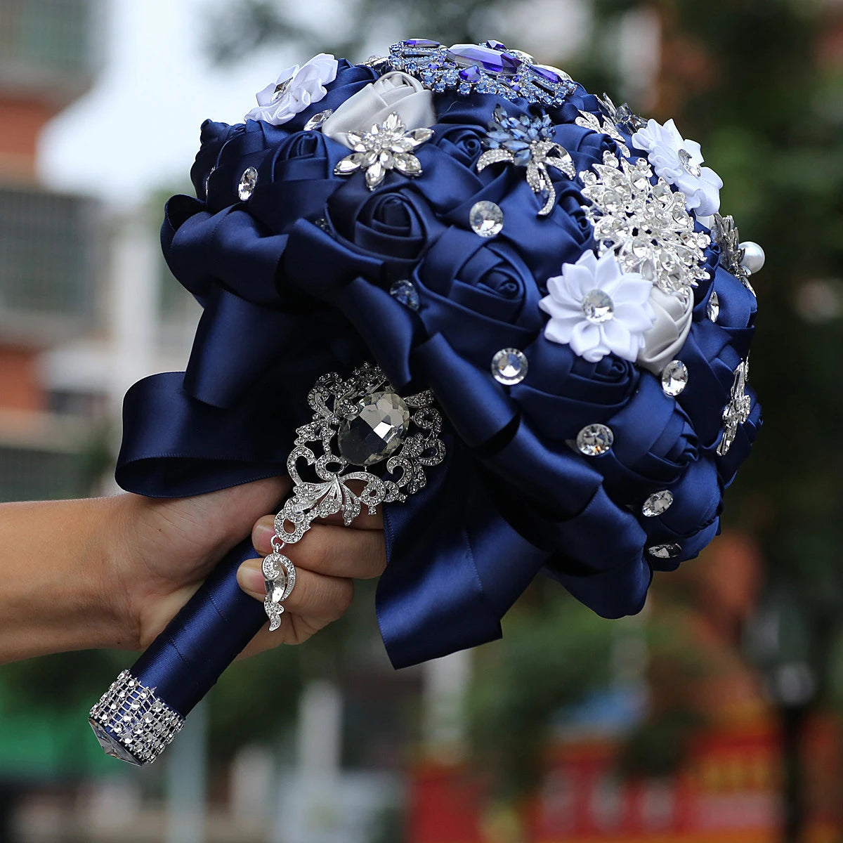 8.3inch Rhinestone Brooch Butterfly Satin Rose Bridal Bouquets
