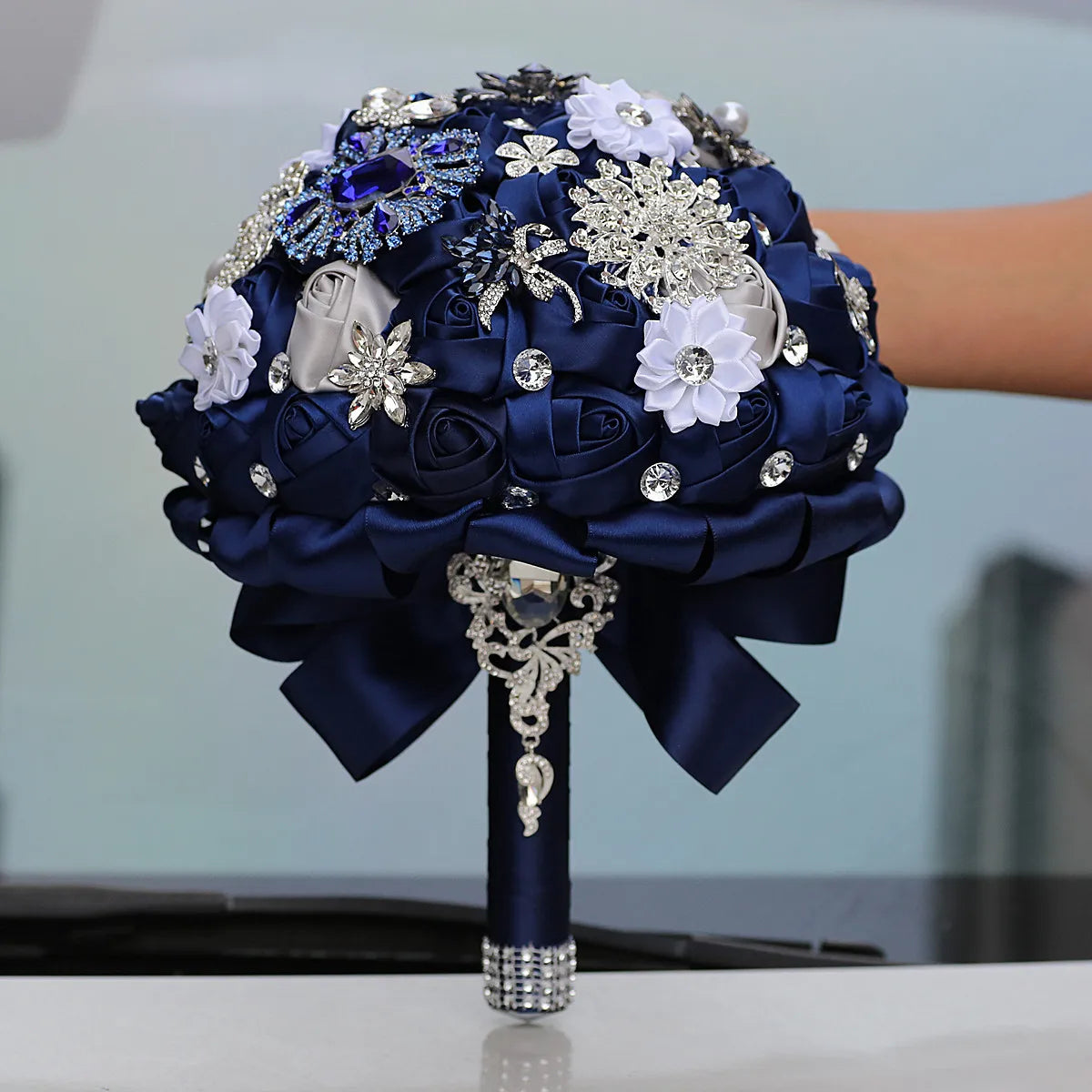8.3inch Rhinestone Brooch Butterfly Satin Rose Bridal Bouquets