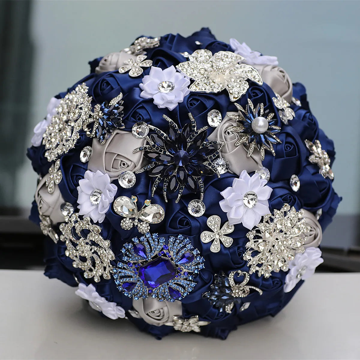 Blue 8.3inch Rhinestone Brooch Butterfly Satin Rose Bridal Bouquets
