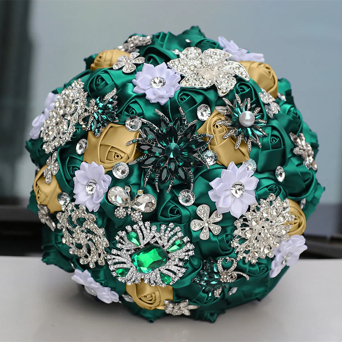 Green 8.3inch Rhinestone Brooch Butterfly Satin Rose Bridal Bouquets