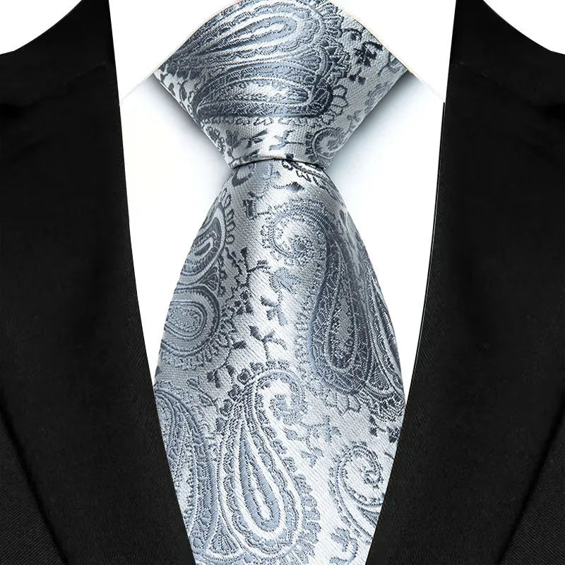 Silver 8cm Classic Polyester Plaid Paisley Tie