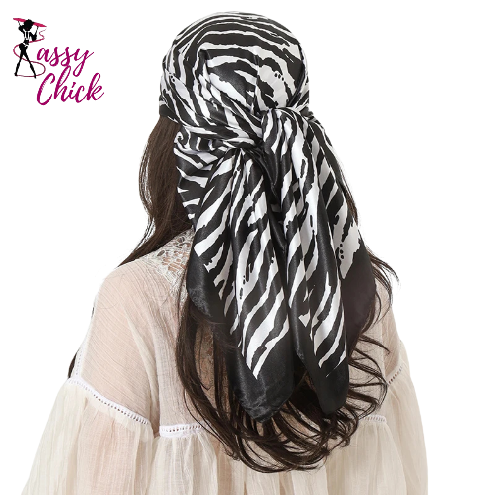 90*90cm Stripe Print Satin Big Square Silk Scarves Sassy Chick Logo