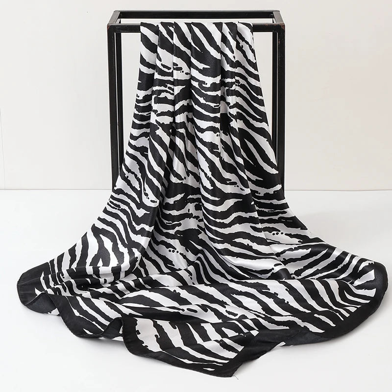 Black 90*90cm Stripe Print Satin Big Square Silk Scarves
