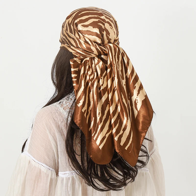 Brown 90*90cm Stripe Print Satin Big Square Silk Scarves