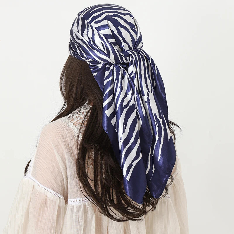 Blue 90*90cm Stripe Print Satin Big Square Silk Scarves