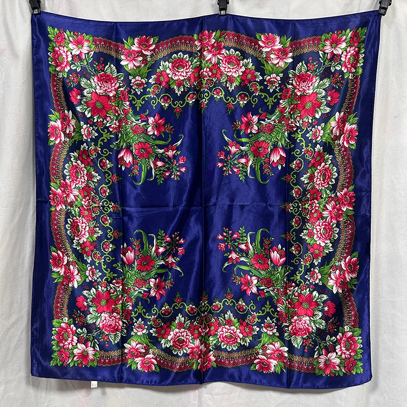 Blue 90cm Beautiful Paisley Foulard Soft Satin Shawl