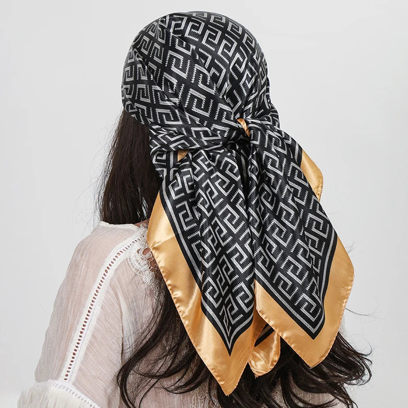 Gold Black 90cm Square Hair Foulard Silk Headwraps Luxury Bandana