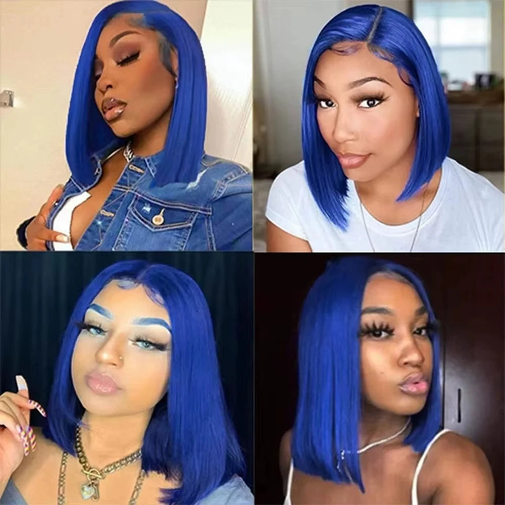 13x4 Brazilian Straight Hair Wig Blue Bob Human Hair