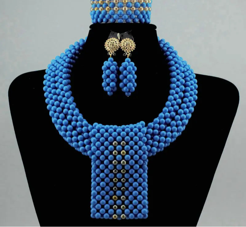 Blue African Beads Crystal Multi layer Jewelry Sets