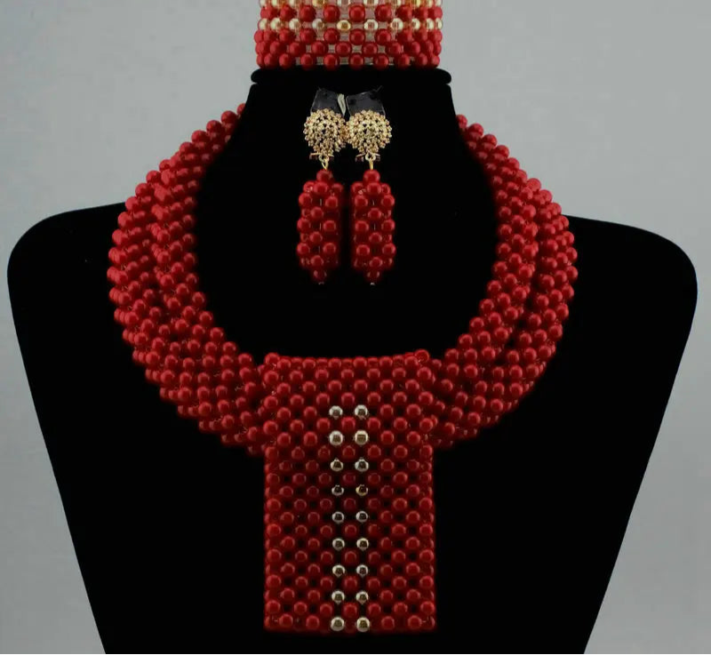 Red African Beads Crystal Multi layer Jewelry Sets