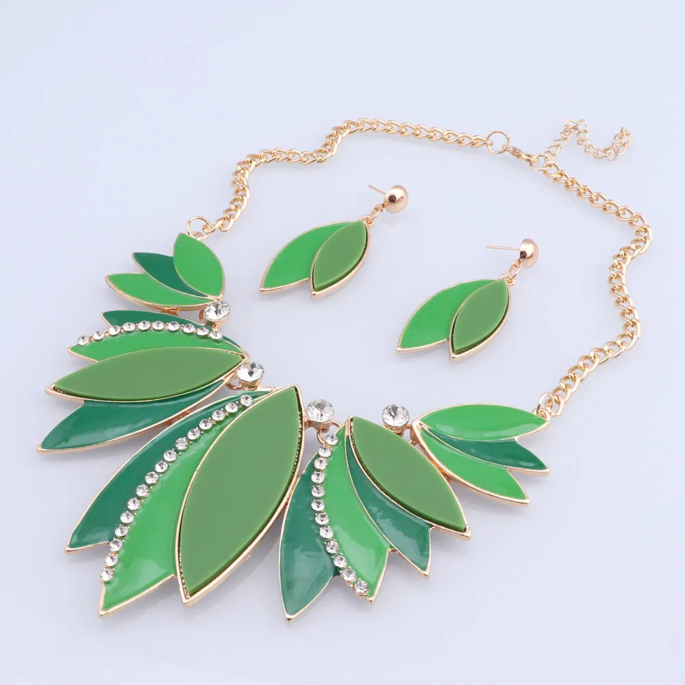 African Beads Green Enamel Leaves Shape Jewelry Sets