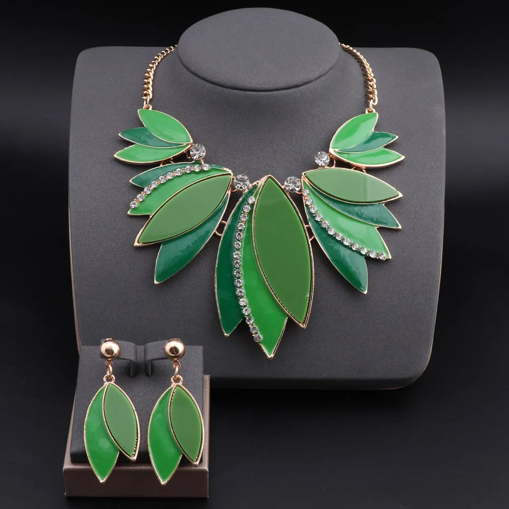 African Beads Green Enamel Leaves Shape Jewelry Sets